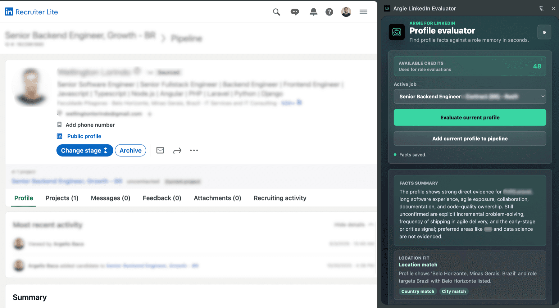Argie recruiting workflow screen