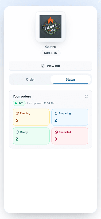 DrinkUp mobile table ordering status screen